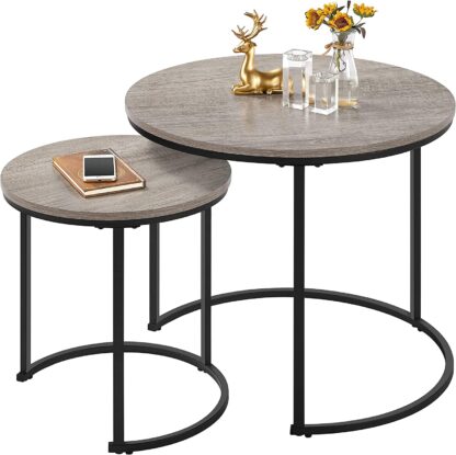 Grey Rustic Nesting Coffee Table with Round Wooden Tabletop &amp