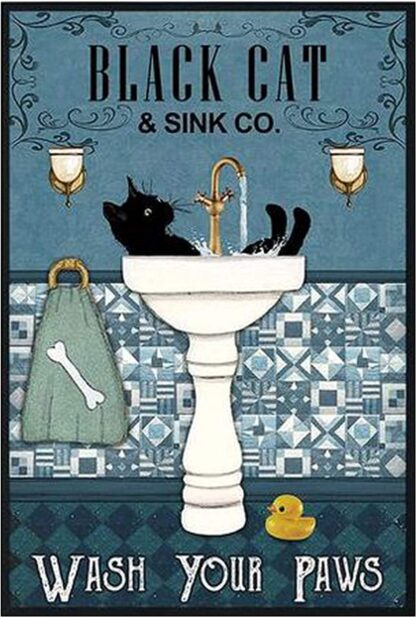 8x12 inch Black Cat, Wash Your Paws Retro Metal Tin Sign