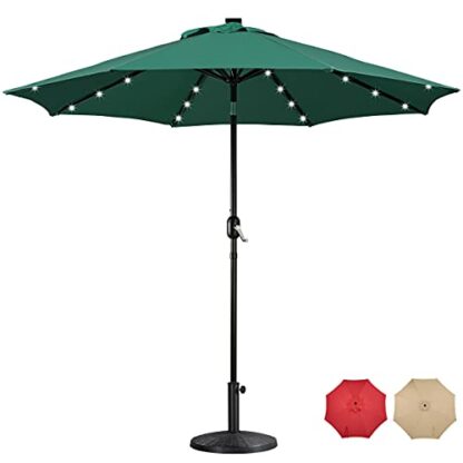 9FT Dark Green LED Garden Table Umbrella with Base Outdoor - Image 7