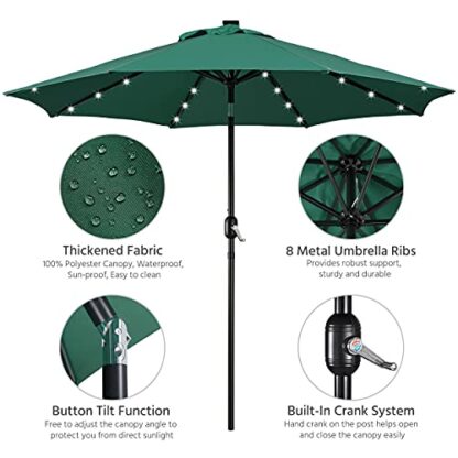 9FT Dark Green LED Garden Table Umbrella with Base Outdoor - Image 6