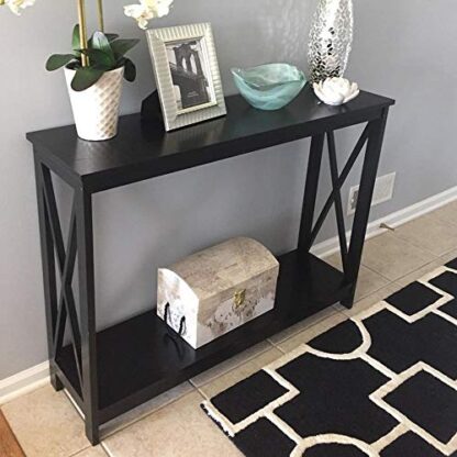 Black Classic X-Design Tall End Table with 2 Tier Storage Shelf - Image 7