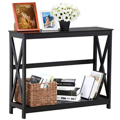 Black Classic X-Design Tall End Table with 2 Tier Storage Shelf - Image 9