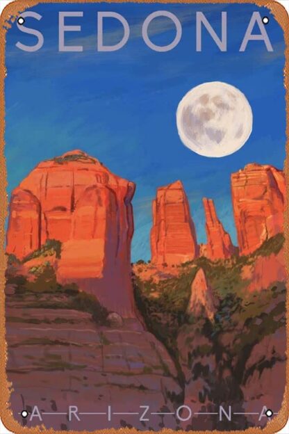 8x12 inch Tin Sign Vintage Sedona,Arizona,Cathedral Rock,Moon,Oil Painting