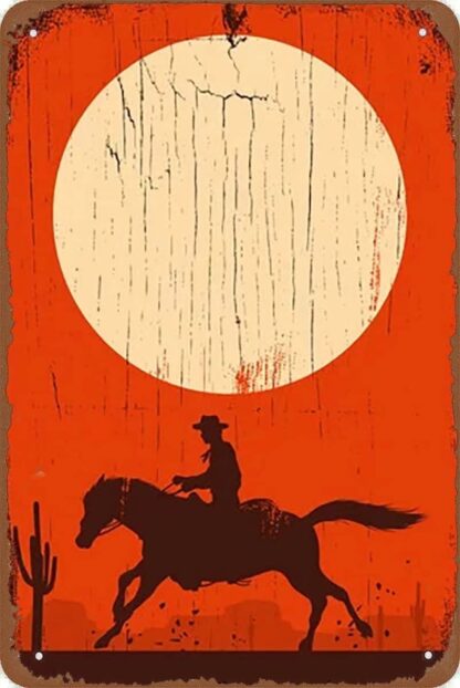 8x12 inch Tin Sign Cowboy Riding Horse Under Sunset Fun Novelty