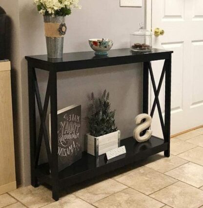 Black Classic X-Design Tall End Table with 2 Tier Storage Shelf