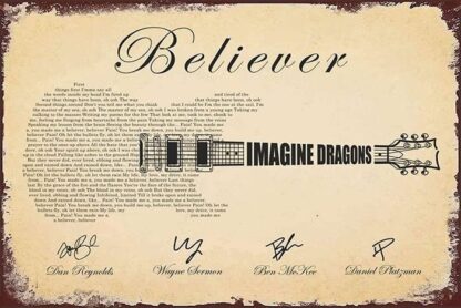 8x12 inch For Tin Sign Guitar Shaped Rock Lyrics Imagine Dragons Believer