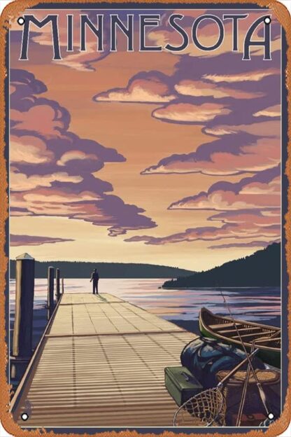 8x12 inch Tin Sign Vintage Minnesota,Dock Scene And Lake