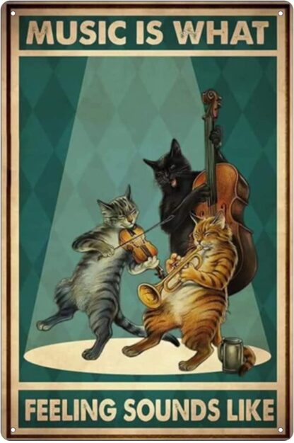 8x12 inch Cat Music Metal Tin Sign of Cat Playing Cello Style Vintage Coffee