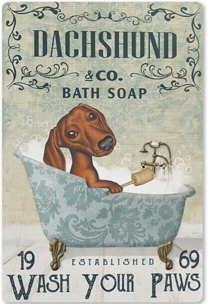 8x12 inch Dachshund Bath Soap Tin Sign Vintage Wash Your Paw Poster