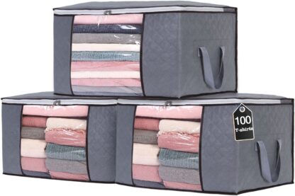 3 Pack Grey Clothes Storage Bags 90L Large Capacity Clothing Organizers