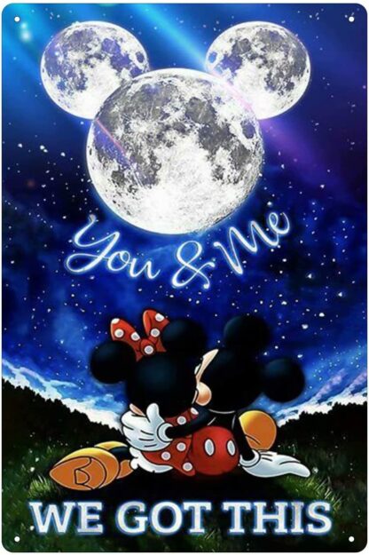 8x12 inch Tin Sign Vintage Mickey Minnie Photo Under The Moon