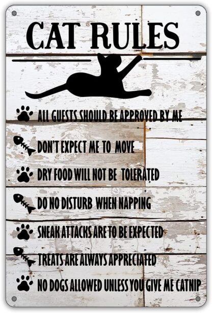 8x12 inch Funny Cat Rules Metal Tin Sign Rustic Farmhouse Cat Signs with Sayings