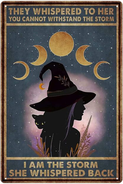 8x12 inch Black Cat and Witch Tin Sign Vintage Witch Under The Moon