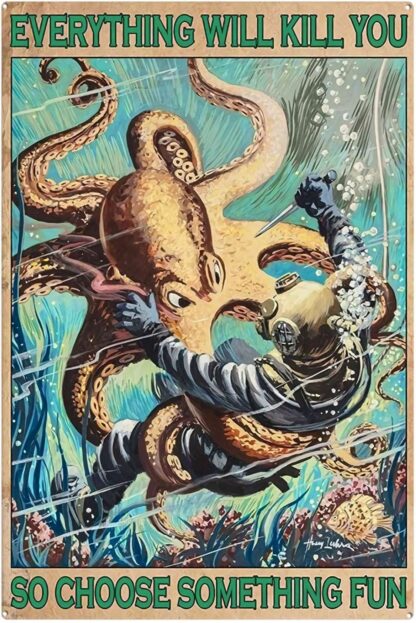 8x12 inch Tin Signs Vintage, Adventure Diver Signs, Giant Octopus Home Decor