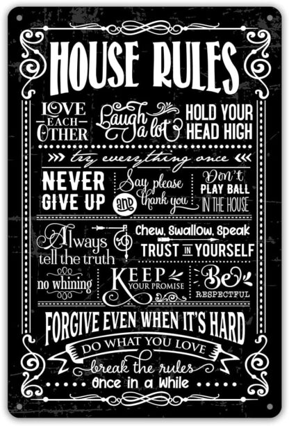 8x12 inch Funny House Rules Metal Tin Sign Wall Décor Black House Sign