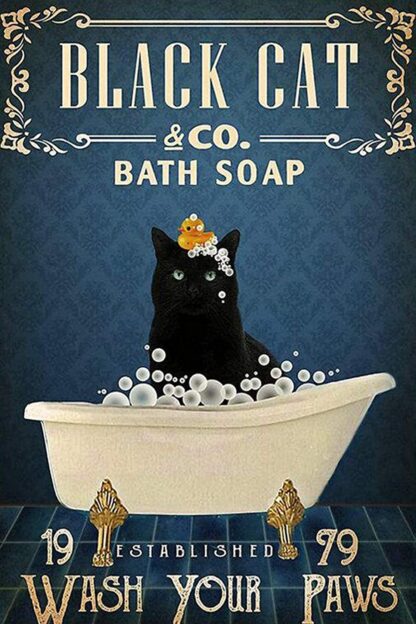 8x12 inch Tin Sign Cat Black Cat Bathtub Black Cat Bath Soap