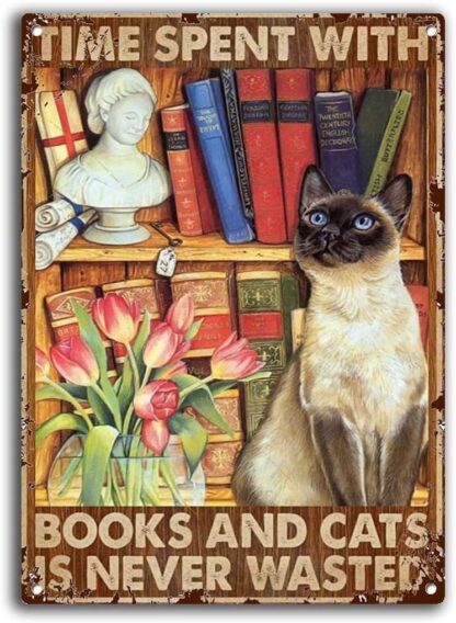 8x12 Inches Time Spent with Books and Cats Cat and Book Lover Cat