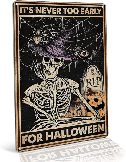 8x12 inch Retro Tin Sign,Skeleton Witch Art,Halloween Decoration