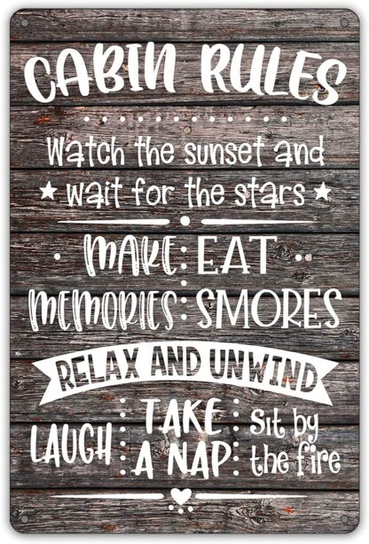 8x12 inch Funny Cabin Rules Metal Tin Sign, Farmhouse Wooden Style Cabin Sign